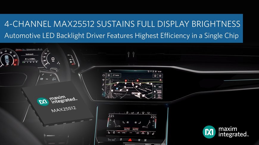 Le driver de rétroéclairage automobile à convertisseur boost intégré de Maxim Integrated assure une luminosité maximale et constante des écrans à bord des voitures, même lors des démarrages à froid